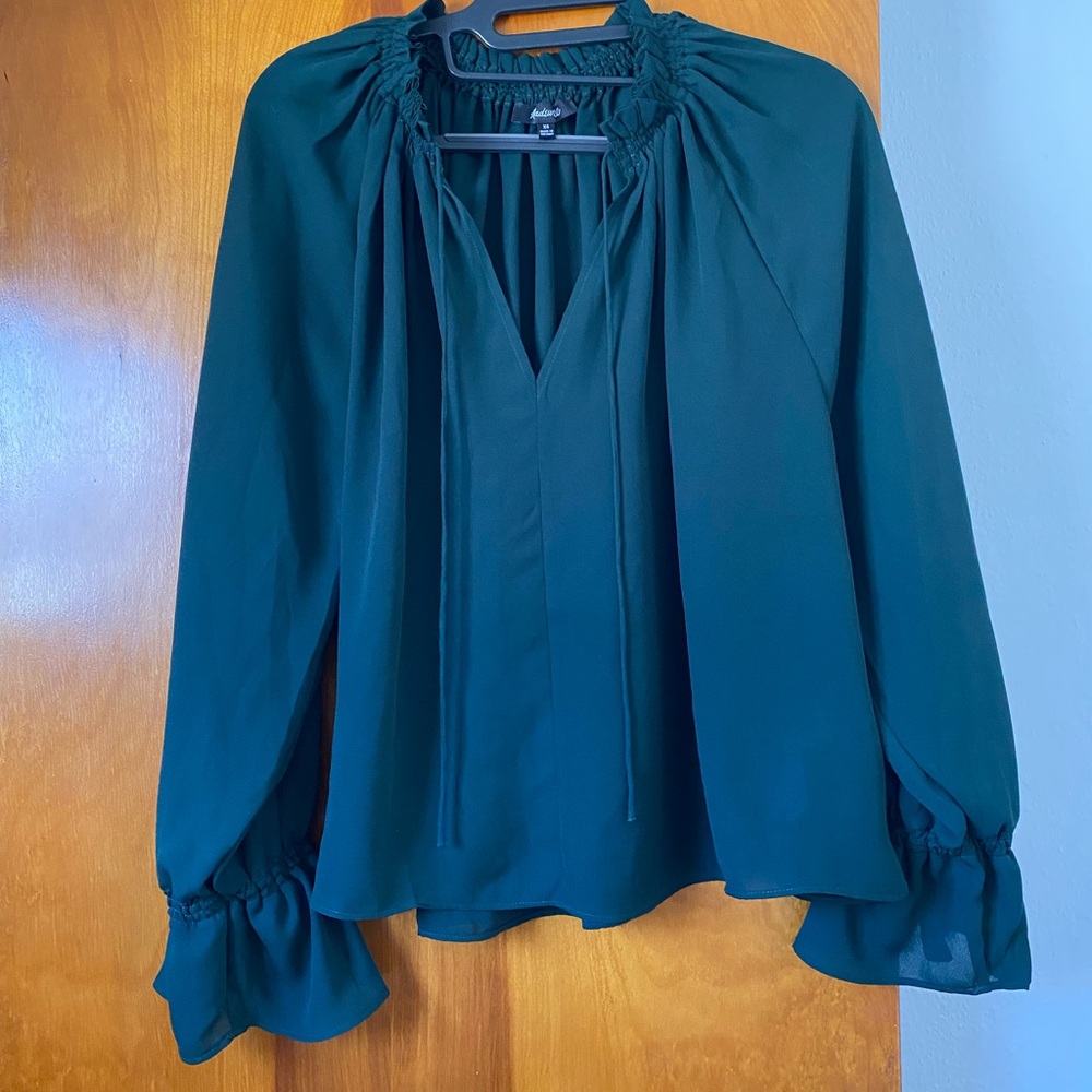 Green Madewell Semi-sheer Top with Tie and Flared Sleeves